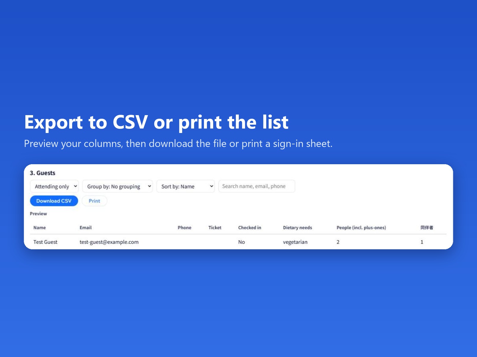 Guest List Builder preview of the chosen columns with the CSV download button