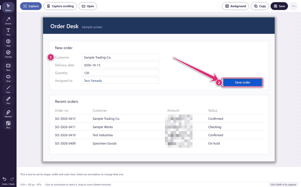 Markshot editor with a step number, an arrow pointing at a button and a blurred amount column