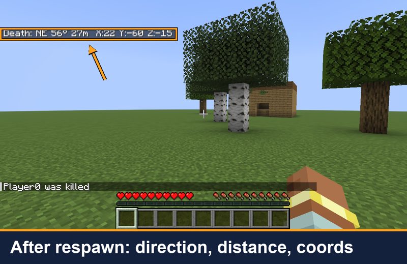Minecraft screen with the Death Point Marker line showing direction, distance and coordinates of the last death