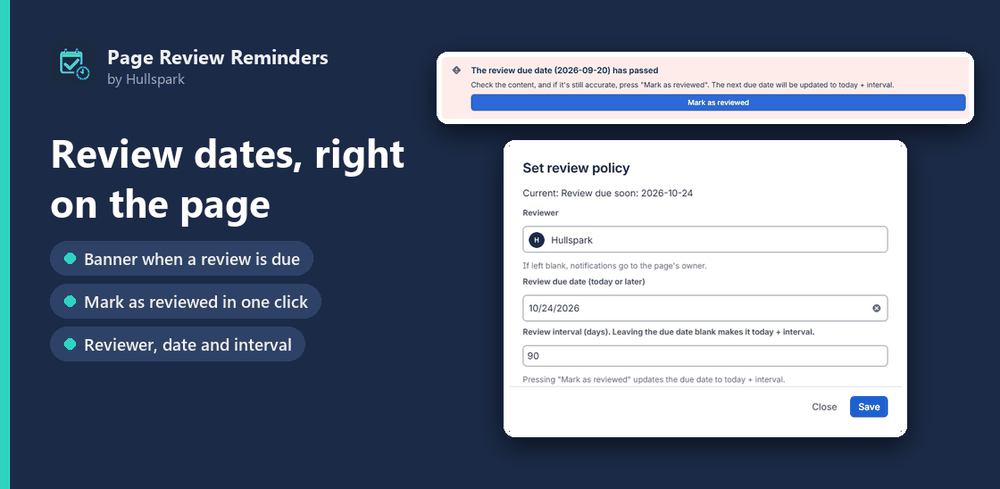 Page Review Reminders: a banner when a review is overdue and the Set review policy dialog