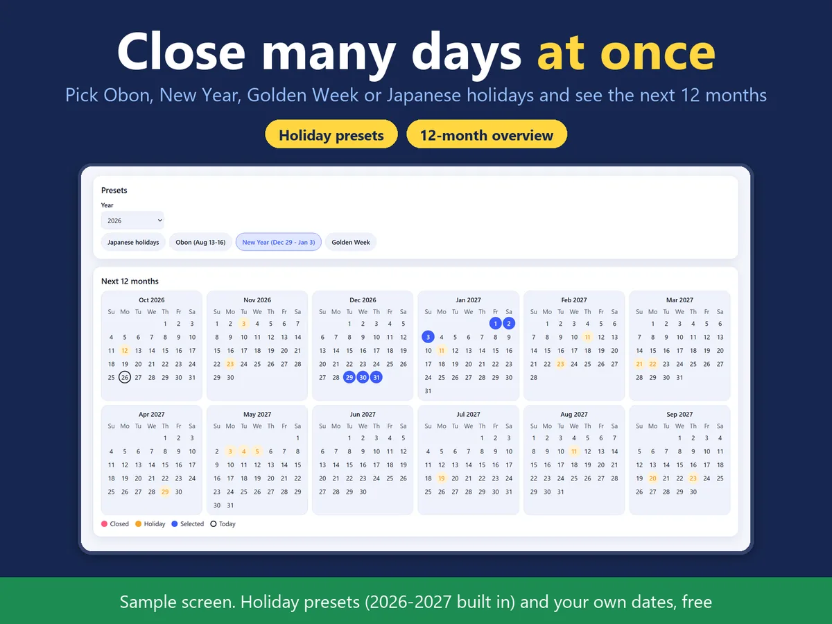 Closure Days for Bookings: holiday presets such as Obon and New Year, and a twelve-month calendar with the chosen days marked (sample screen)