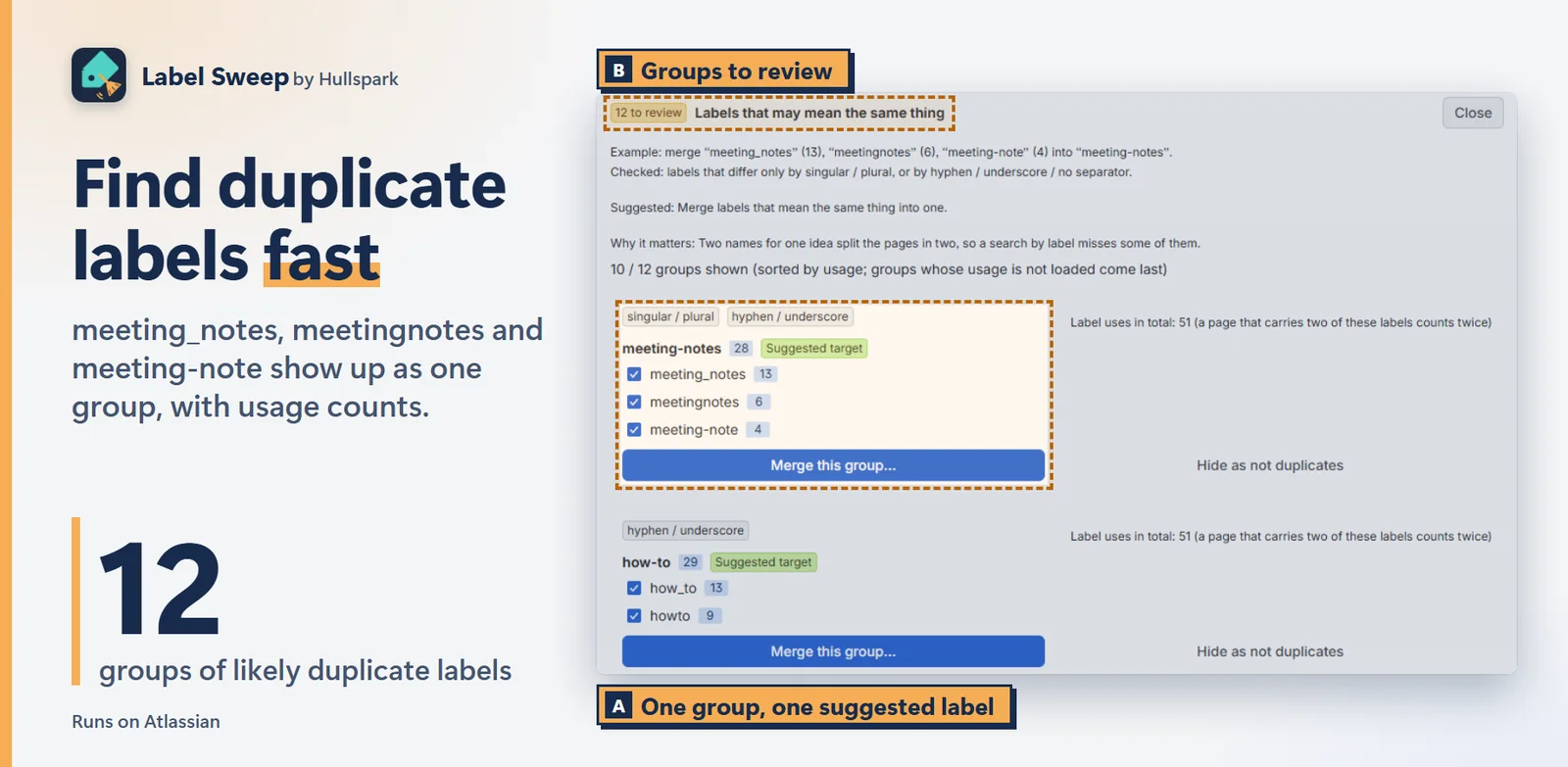 Label Sweep list of duplicate label groups with usage counts