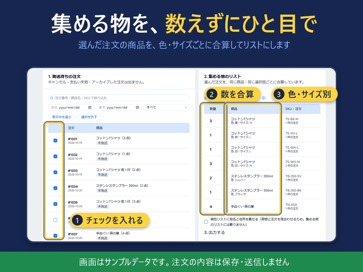 Picking list page with selected orders and the combined pick list (Japanese, sample data)