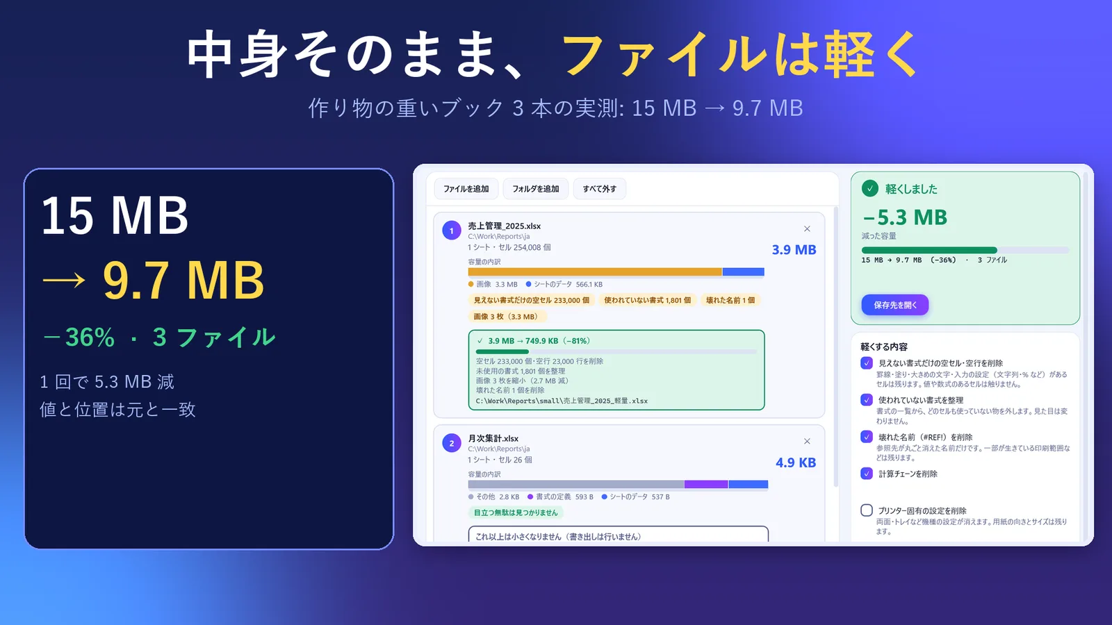 3 つの重いサンプルブックが 15 MB から 9.7 MB になった結果のカードと、削る物の設定