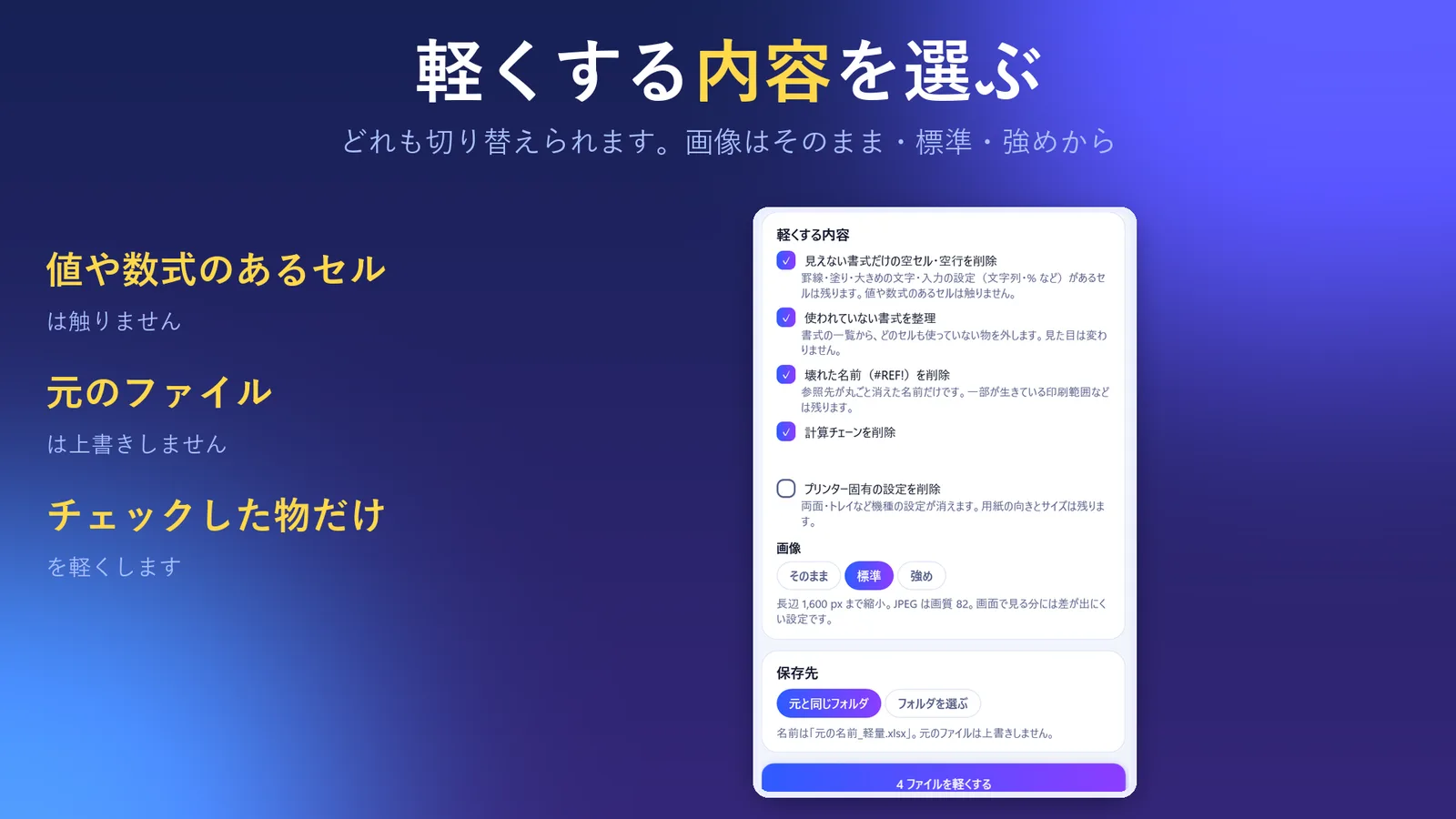 削る物の設定と、画像のそのまま・標準・強めの選択