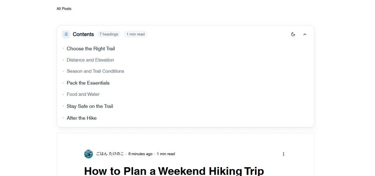 Table of Contents by Hullspark: a contents box with seven headings at the top of a sample blog post