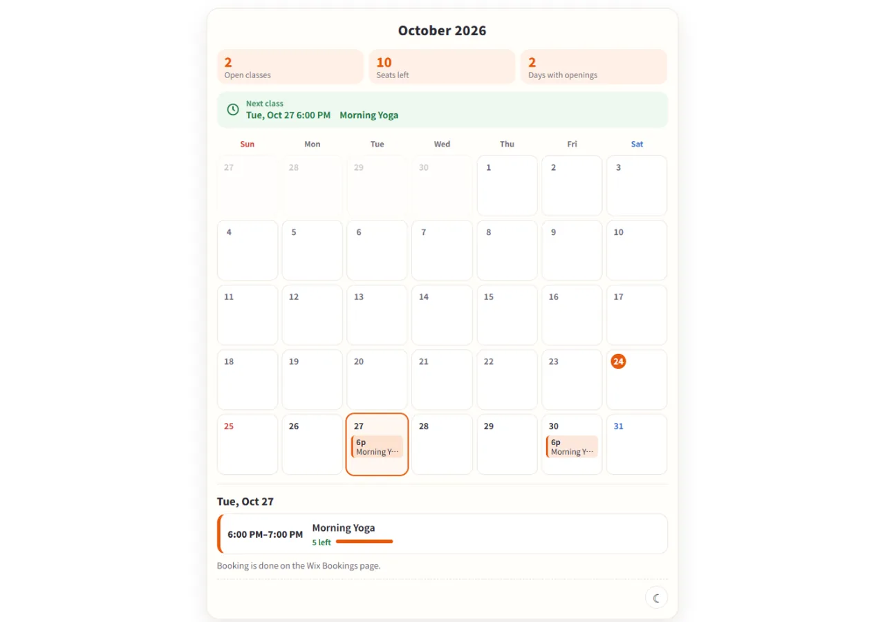 Monthly Booking Calendar: a month grid with the class days marked, the next class, seats left and the chosen day's class list (sample class)